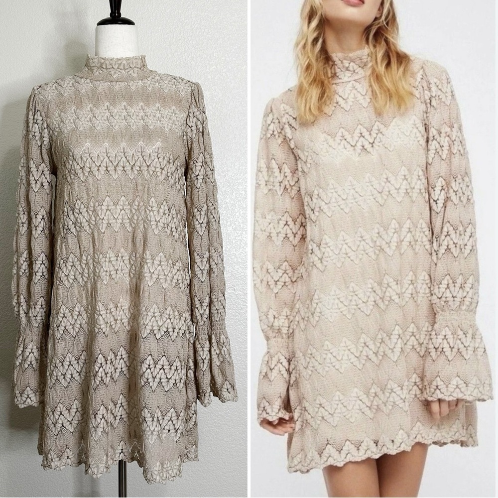 Free People Simone Crochet Lace Neutral Combo Bell Sleeves Dress, Sz Small